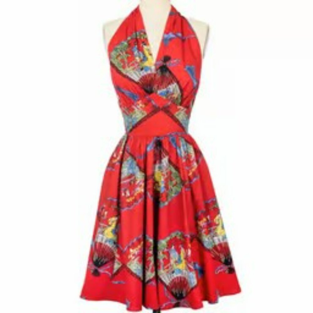 Trashy Diva Asian Inspired Red Fans Dottie Halter Pinup Rockabilly Dress Sz 18